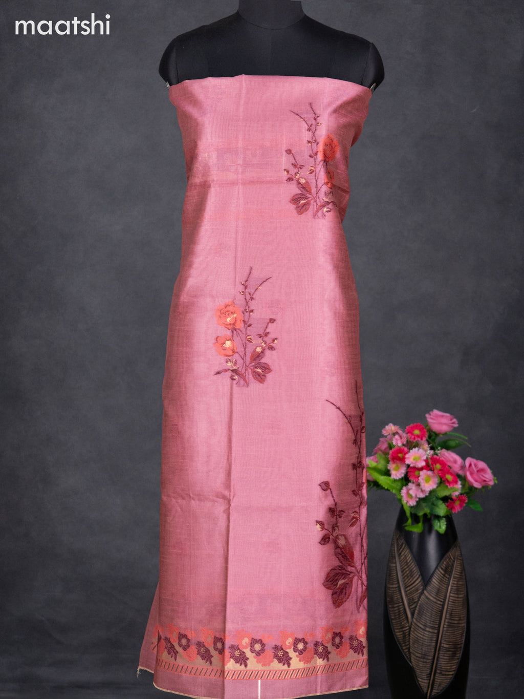 Semi tussar dress material peach pink with thread & zari woven floral buttas and bottom & dupatta