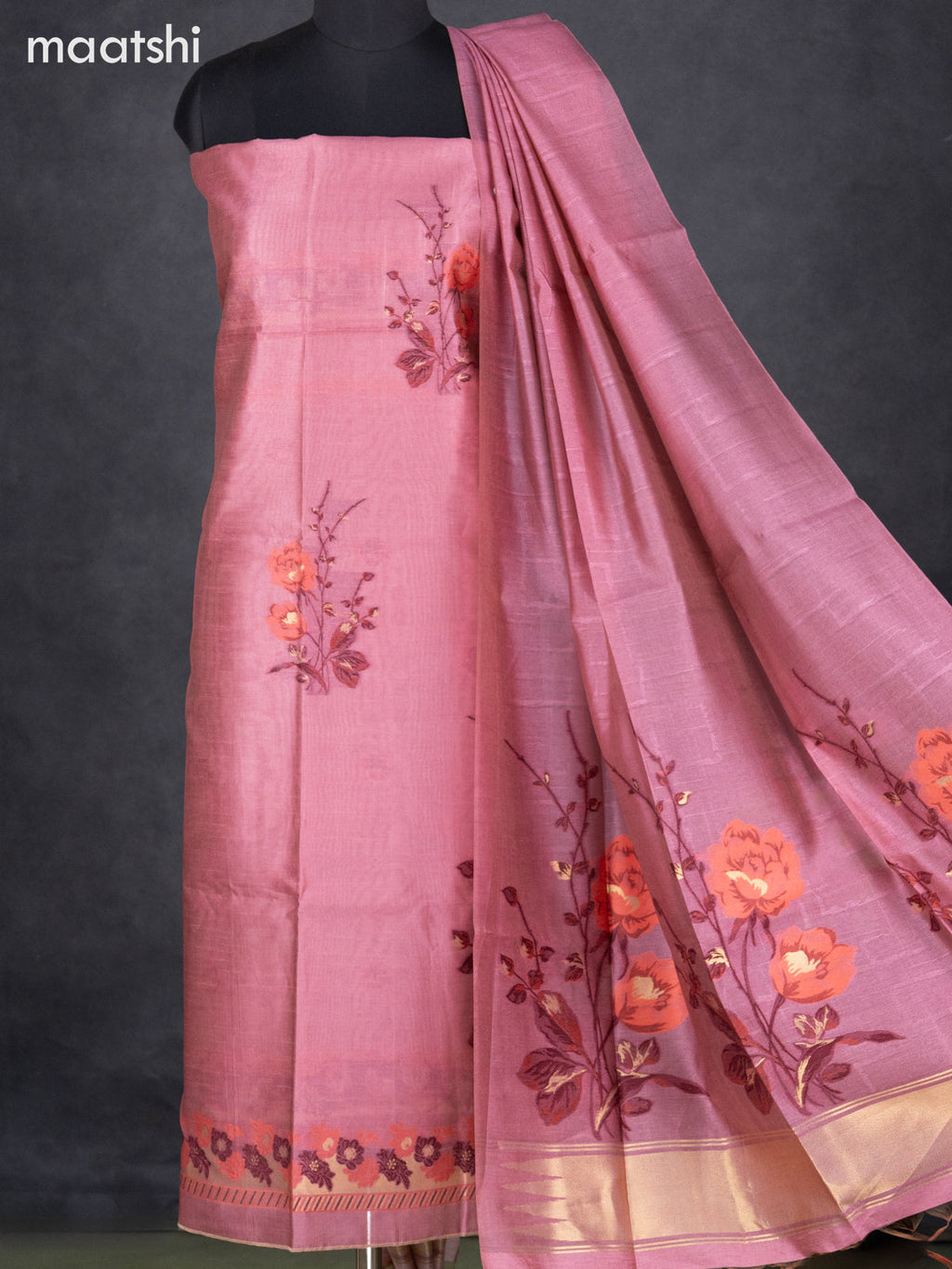 Semi tussar dress material peach pink with thread & zari woven floral buttas and bottom & dupatta