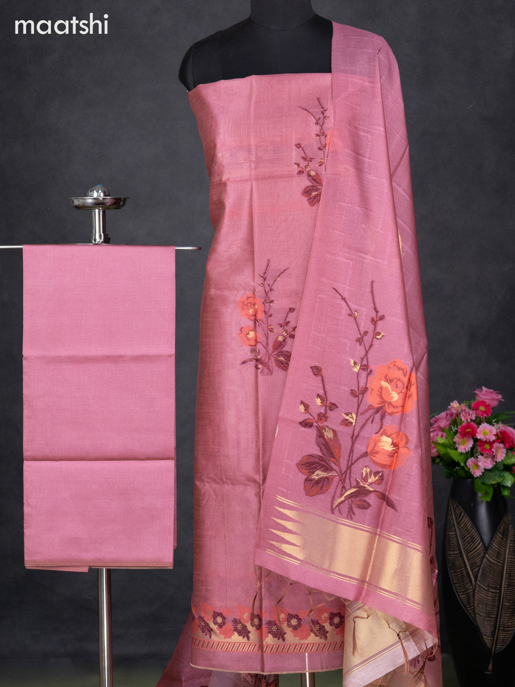 Semi tussar dress material peach pink with thread & zari woven floral buttas and bottom & dupatta