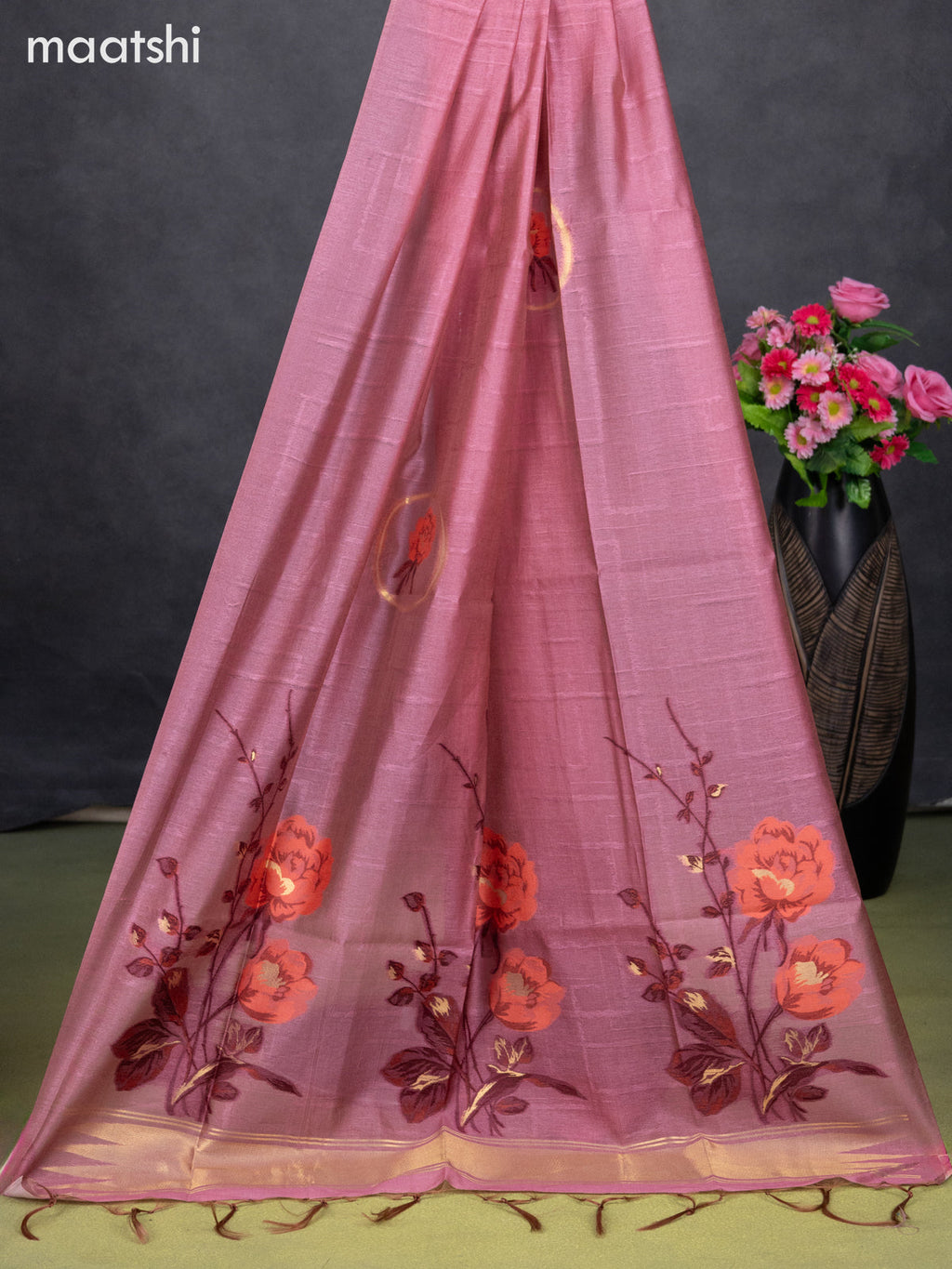 Semi tussar dress material peach pink with thread & zari woven floral buttas and bottom & dupatta