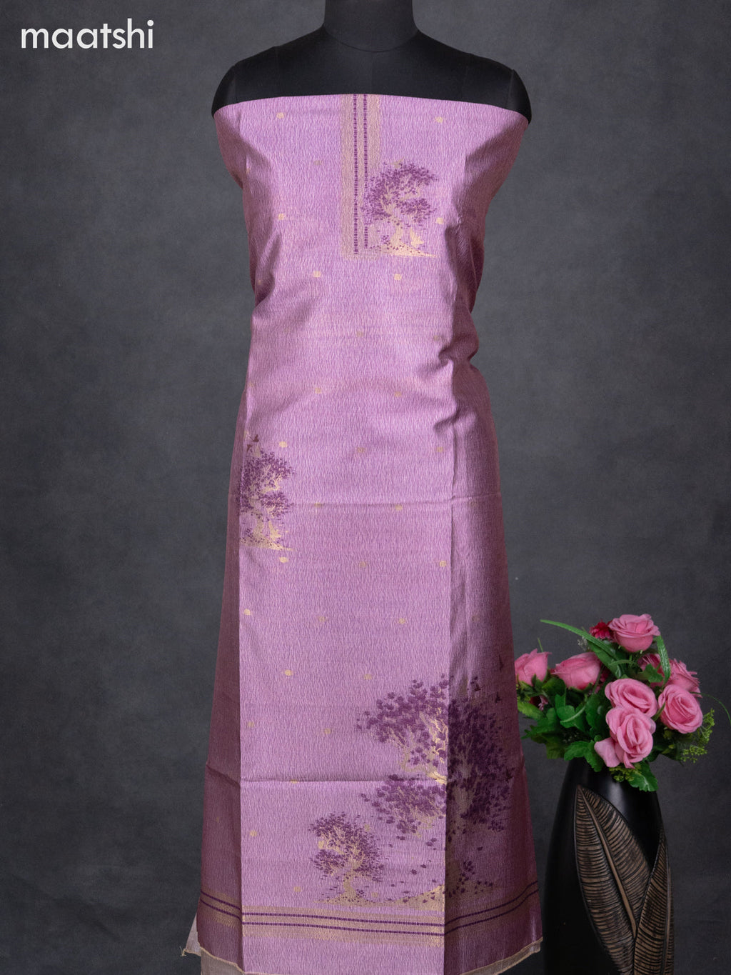 Semi tussar dress material mild purple with zari woven buttas & simple zari neck pattern and bottom & dupatta