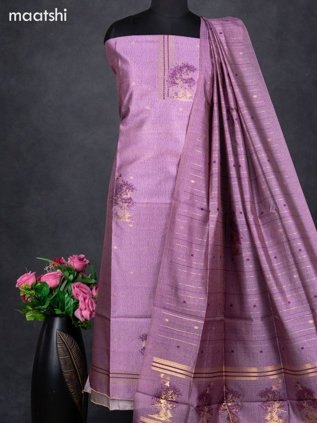 Semi tussar dress material mild purple with zari woven buttas & simple zari neck pattern and bottom & dupatta