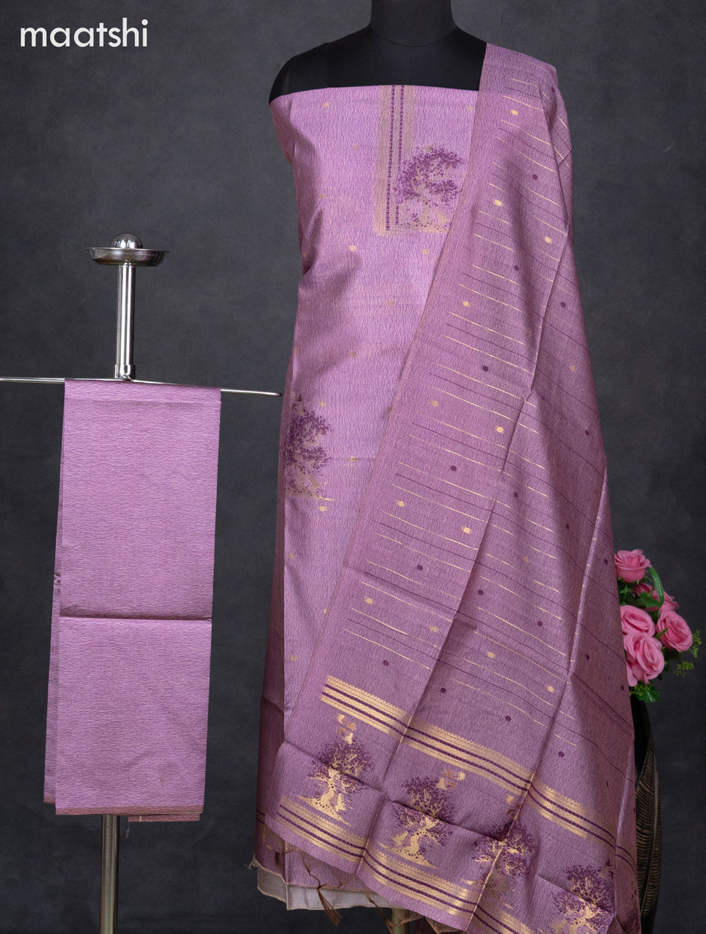 Semi tussar dress material mild purple with zari woven buttas & simple zari neck pattern and bottom & dupatta