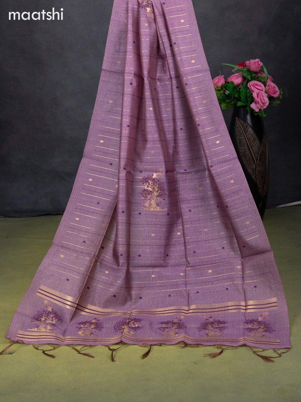 Semi tussar dress material mild purple with zari woven buttas & simple zari neck pattern and bottom & dupatta