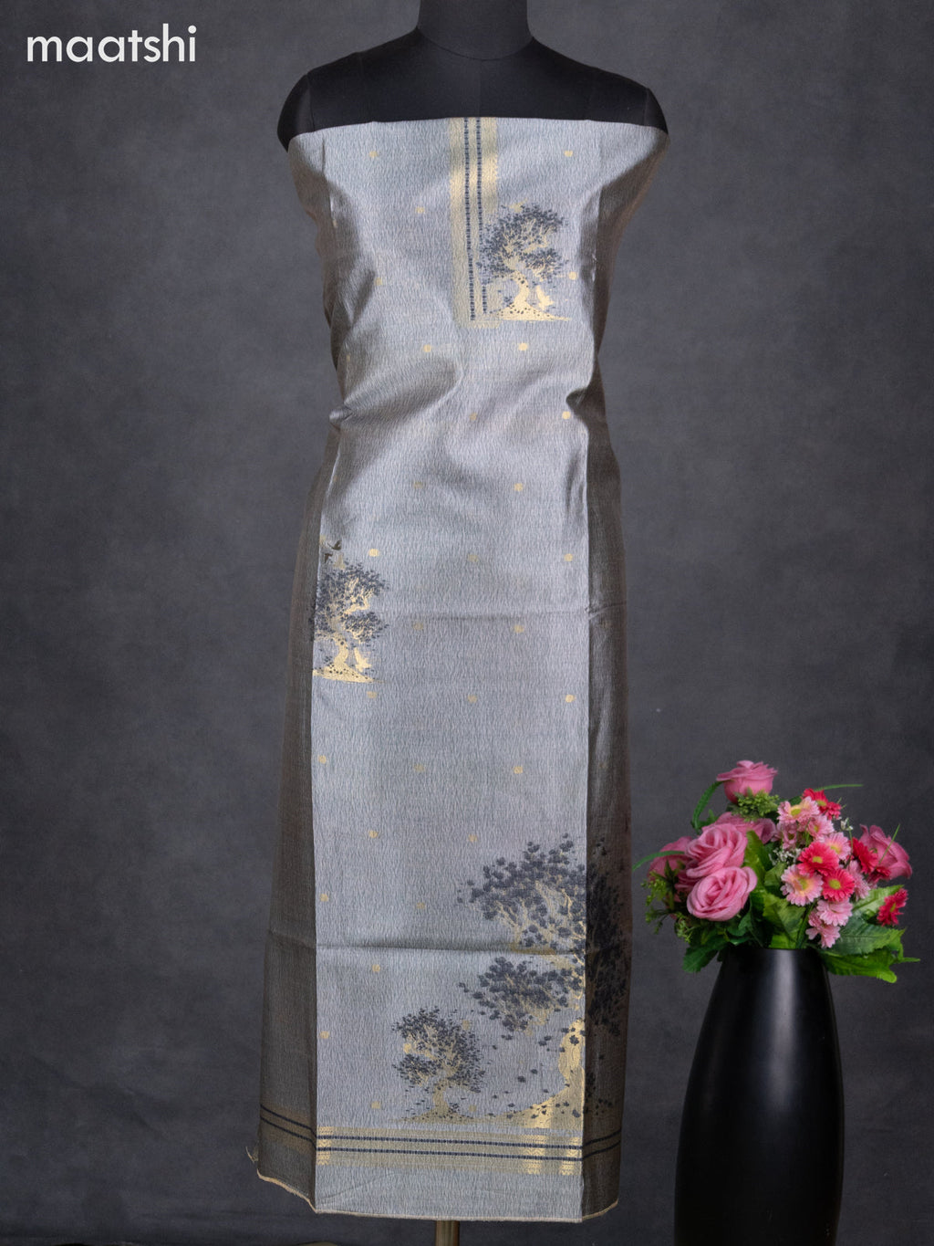 Semi tussar dress material grey with zari woven buttas & simple neck pattern and bottom & dupatta