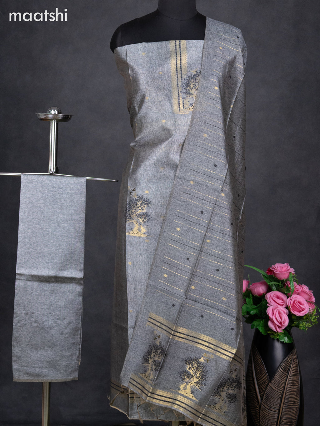 Semi tussar dress material grey with zari woven buttas & simple neck pattern and bottom & dupatta