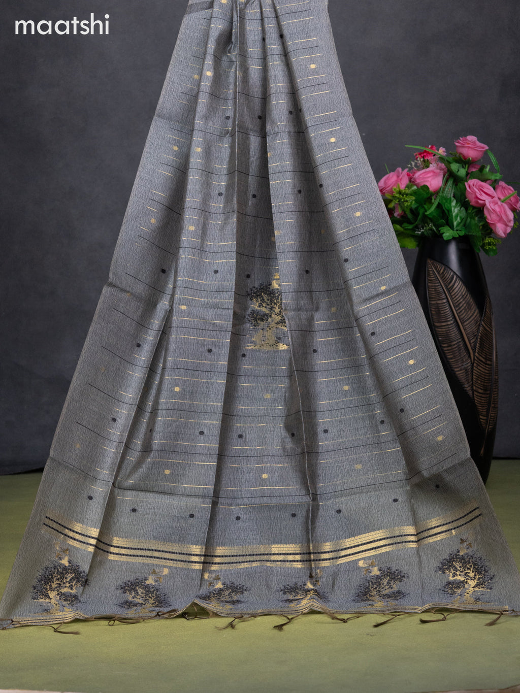 Semi tussar dress material grey with zari woven buttas & simple neck pattern and bottom & dupatta