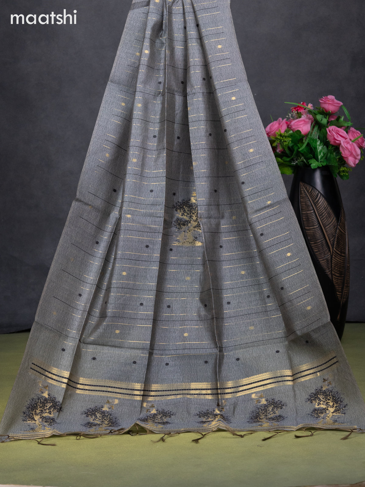 Semi tussar dress material grey with zari woven buttas & simple neck pattern and bottom & dupatta