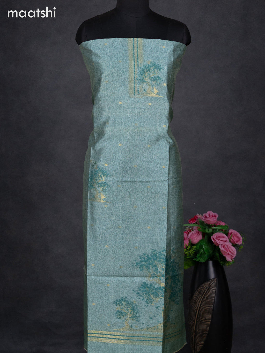 Semi tussar dress material teal green with zari woven buttas & simple neck pattern and bottom & dupatta