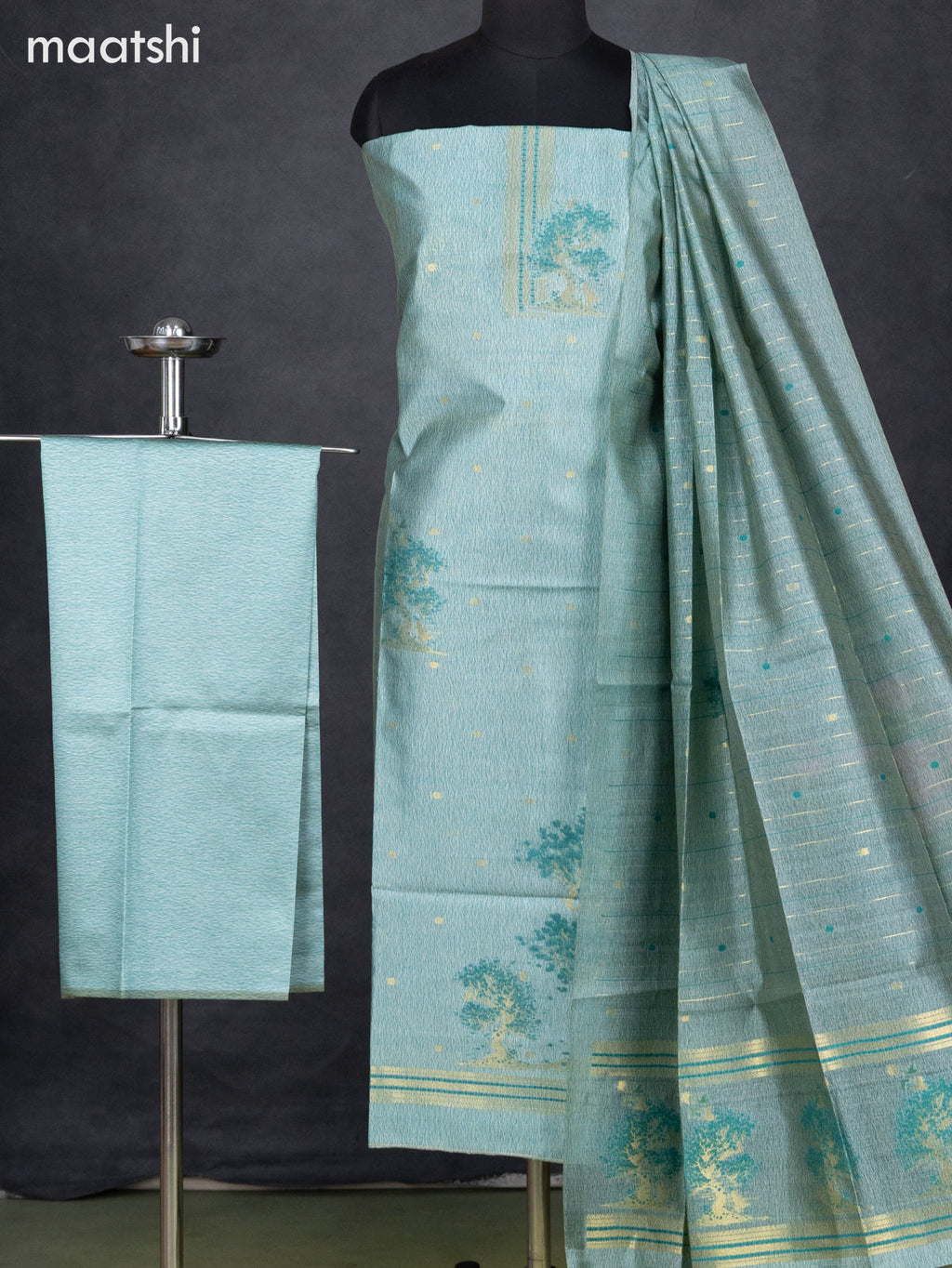 Semi tussar dress material teal green with zari woven buttas & simple neck pattern and bottom & dupatta