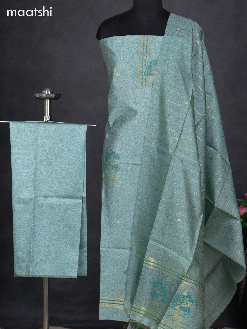 Semi tussar dress material teal green with zari woven buttas & simple neck pattern and bottom & dupatta