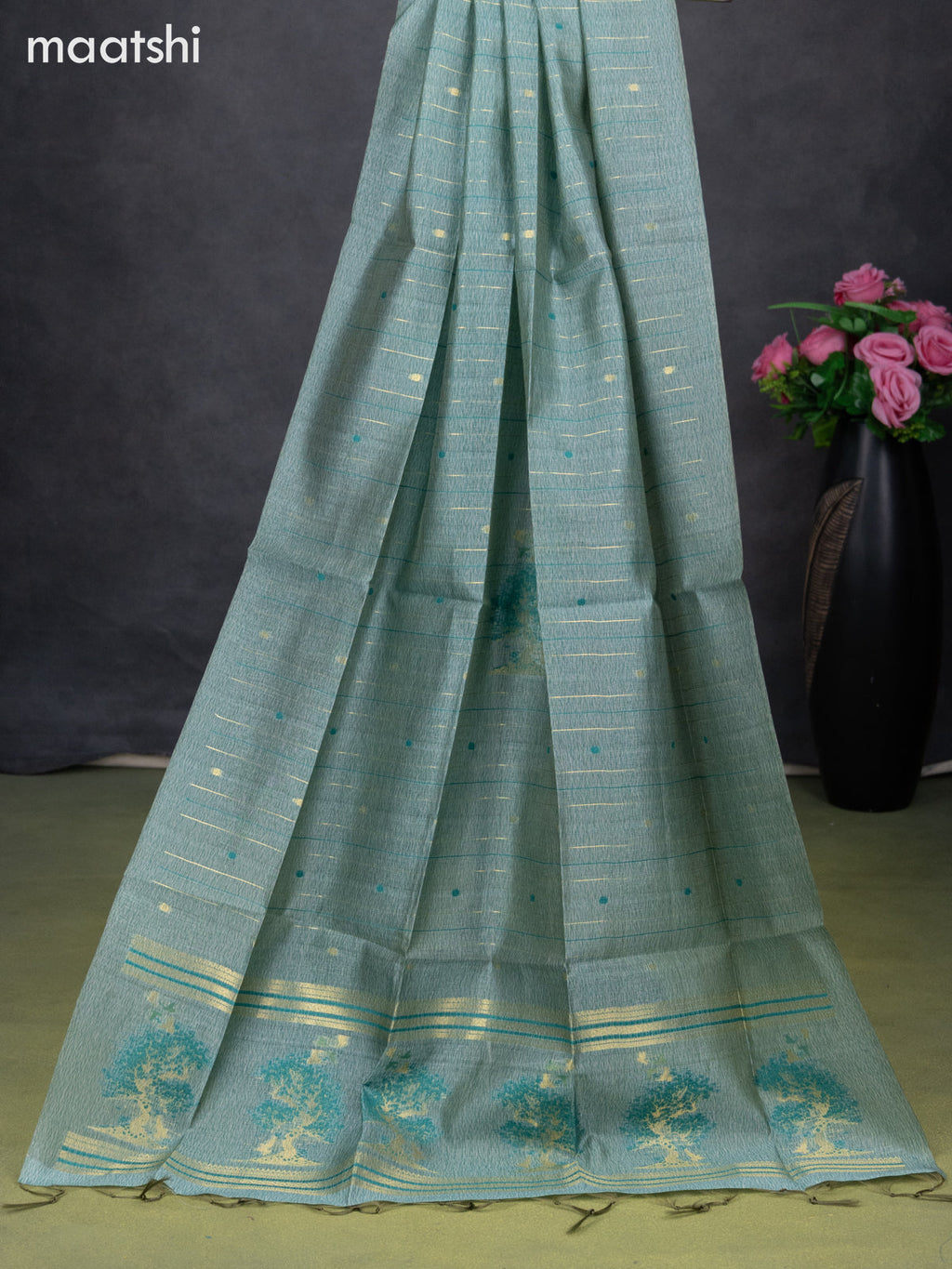 Semi tussar dress material teal green with zari woven buttas & simple neck pattern and bottom & dupatta