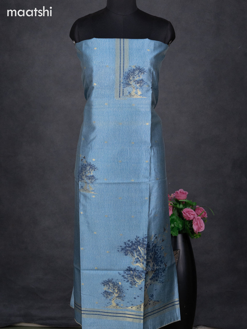 Semi tussar dress material blue with zari woven buttas & simple neck pattern and bottom & dupatta