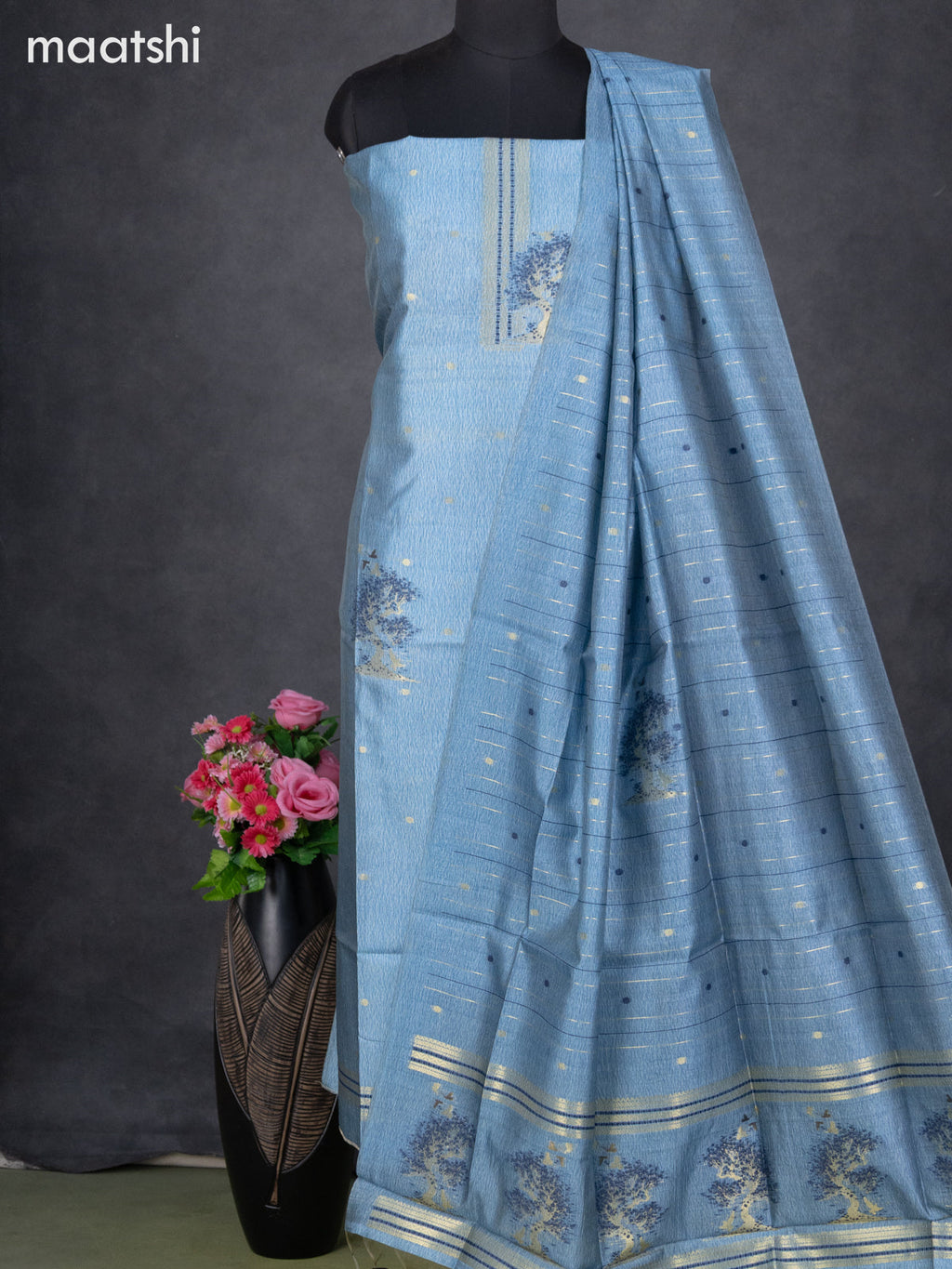 Semi tussar dress material blue with zari woven buttas & simple neck pattern and bottom & dupatta