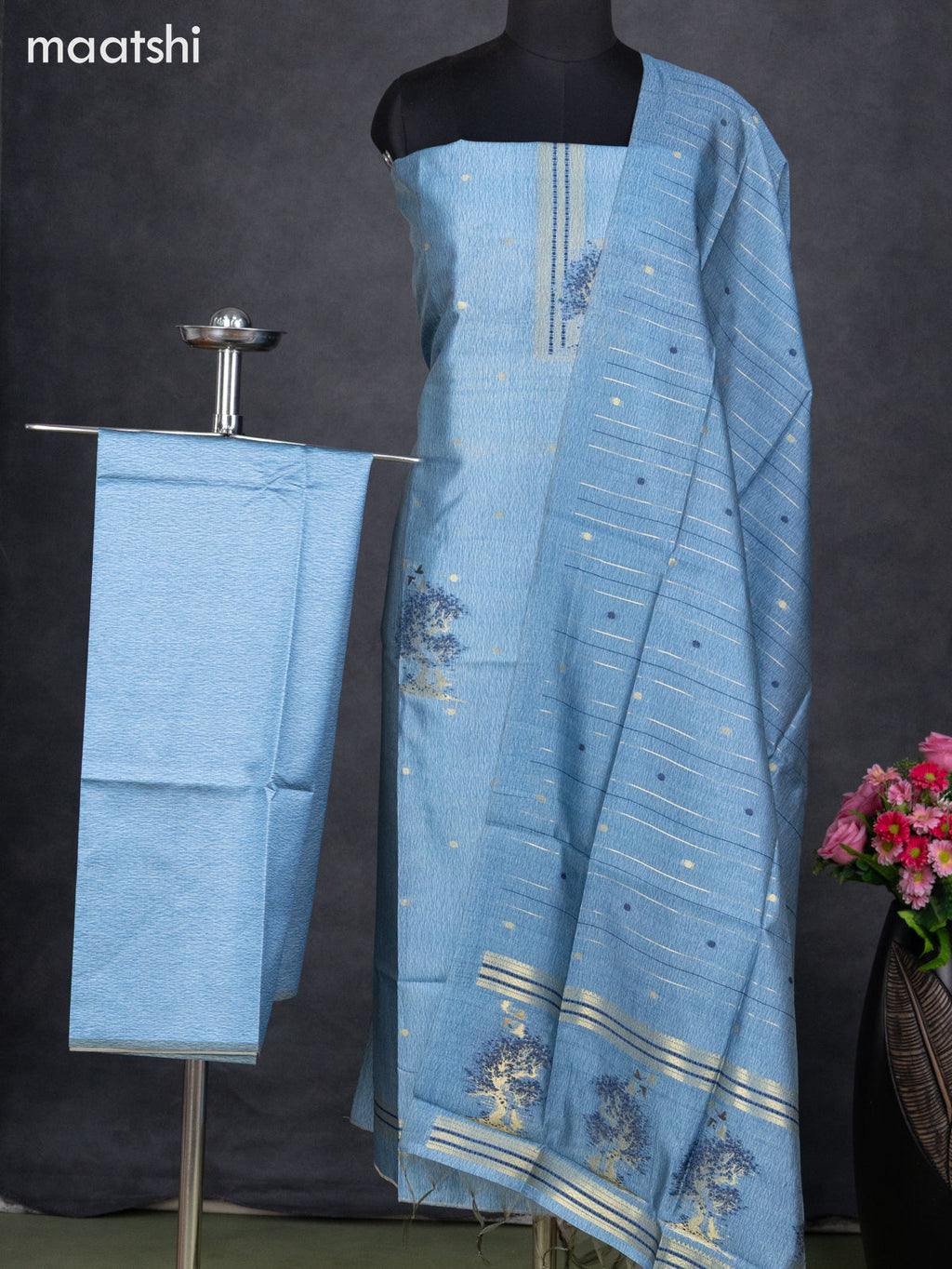 Semi tussar dress material blue with zari woven buttas & simple neck pattern and bottom & dupatta