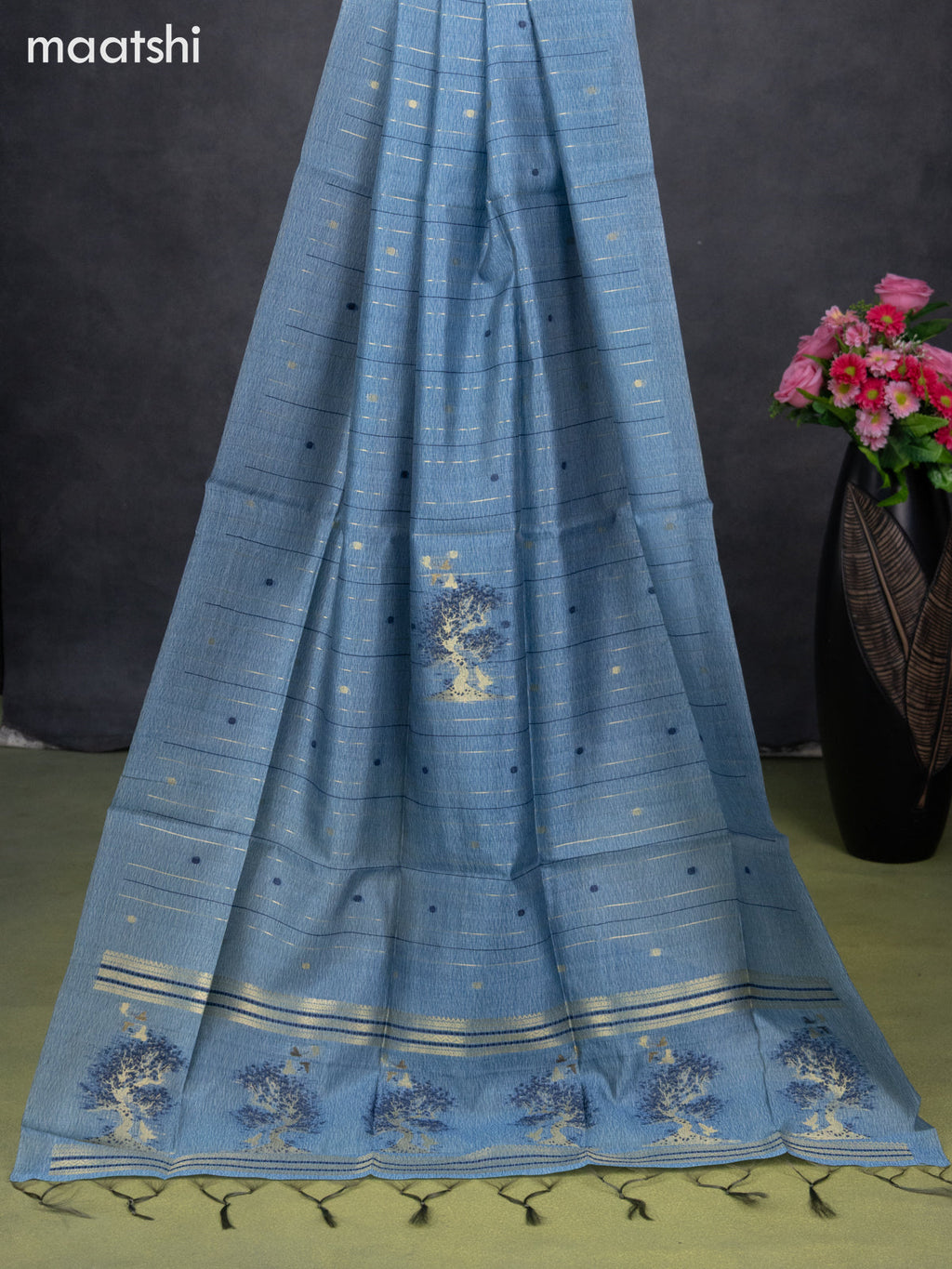 Semi tussar dress material blue with zari woven buttas & simple neck pattern and bottom & dupatta