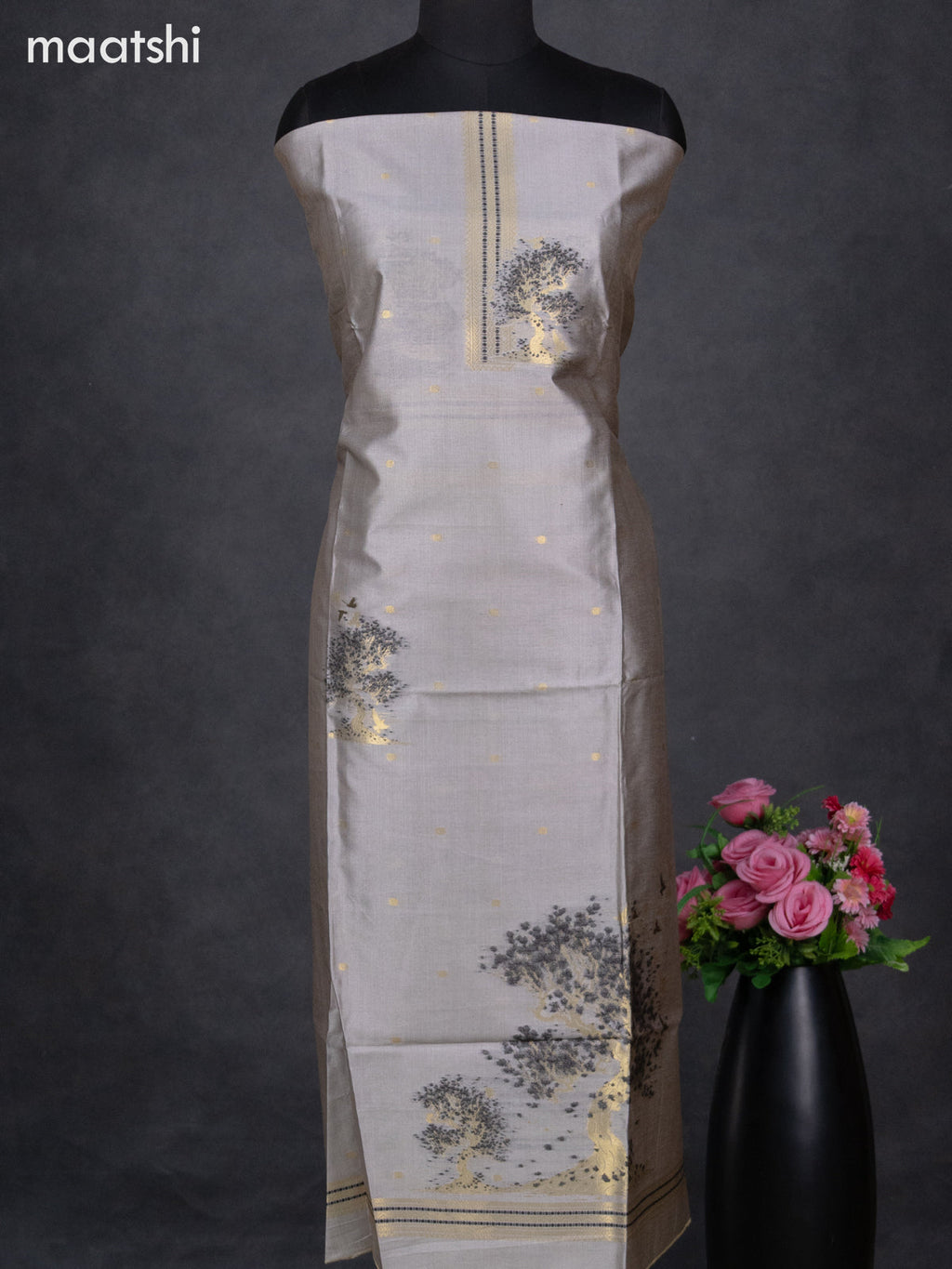 Semi tussar dress material grey with zari woven buttas & simple neck pattern and bottom & dupatta