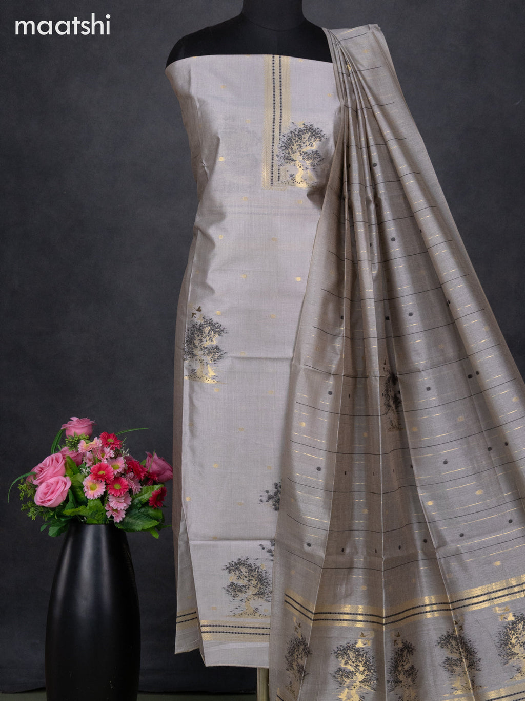 Semi tussar dress material grey with zari woven buttas & simple neck pattern and bottom & dupatta