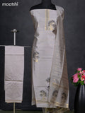 Semi tussar dress material grey with zari woven buttas & simple neck pattern and bottom & dupatta