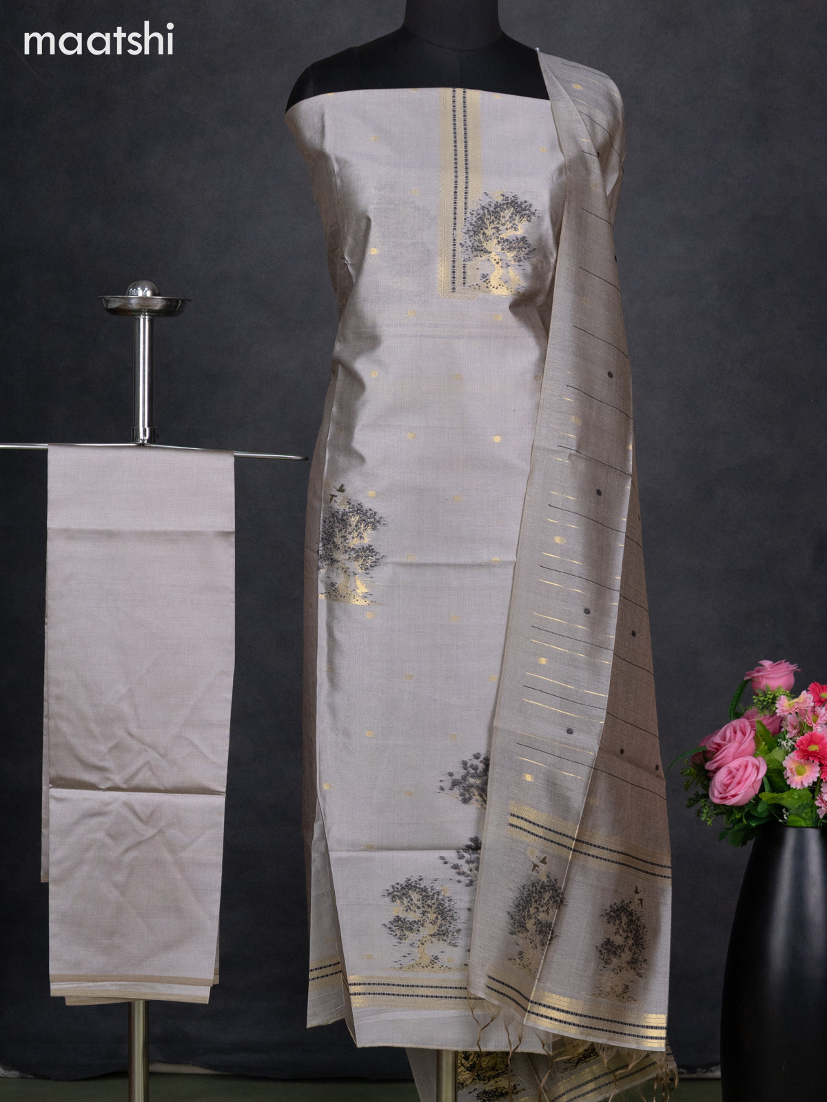 Semi tussar dress material grey with zari woven buttas & simple neck pattern and bottom & dupatta