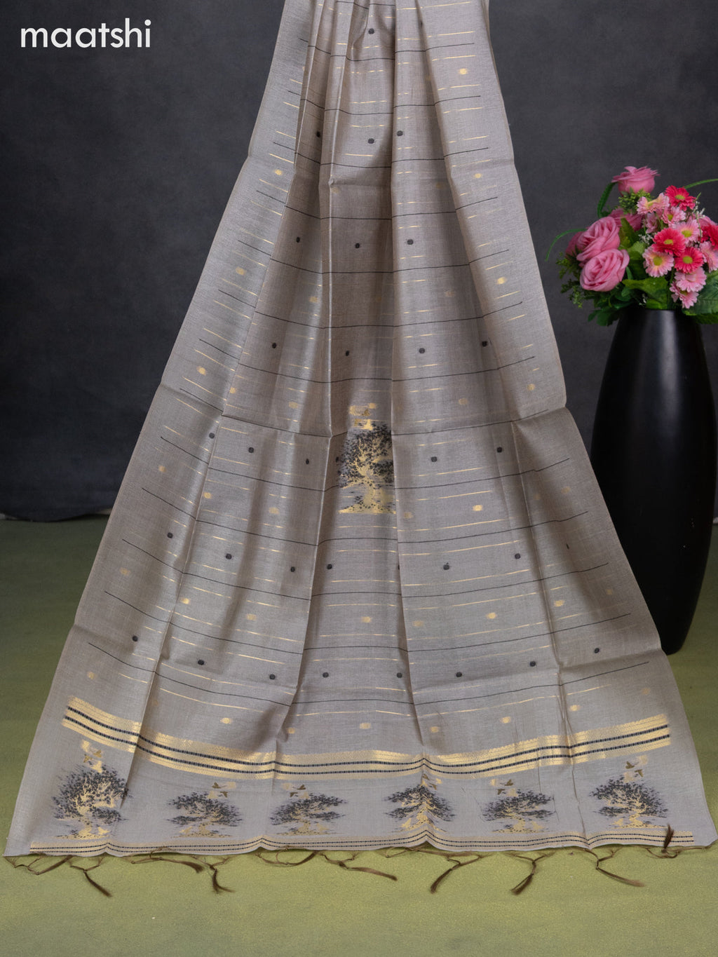 Semi tussar dress material grey with zari woven buttas & simple neck pattern and bottom & dupatta