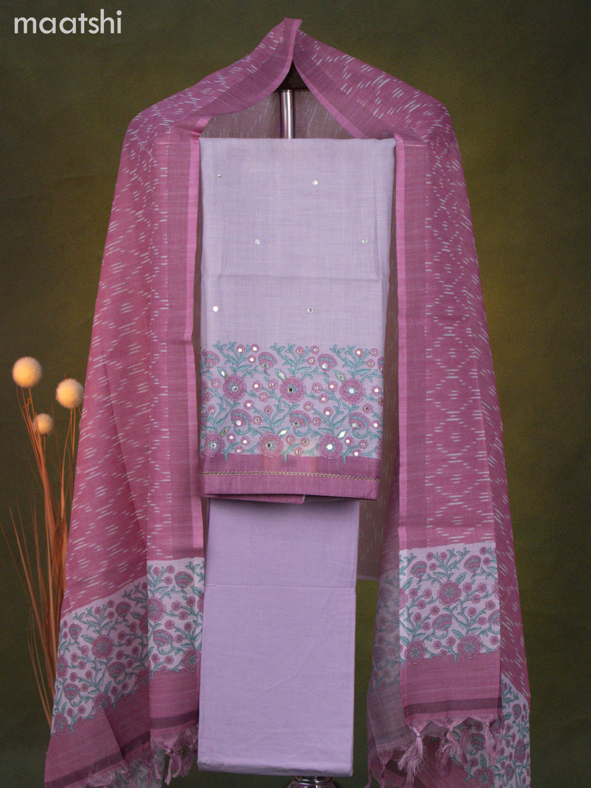 Linen cotton dress material pastel lavender and mauve pink with floral prints & mirror work and bottom & dupatta
