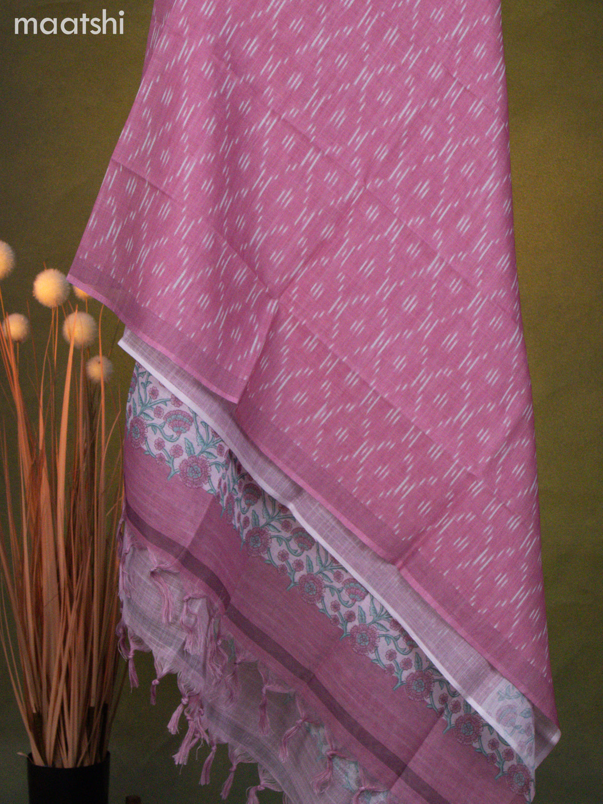 Linen cotton dress material pastel lavender and mauve pink with floral prints & mirror work and bottom & dupatta