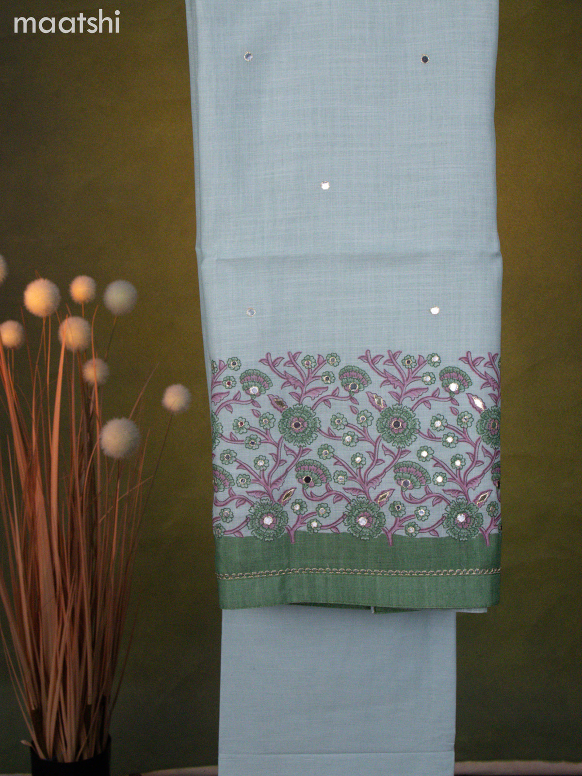 Linen cotton dress material teal shade and green with floral prints & mirror work and bottom & dupatta