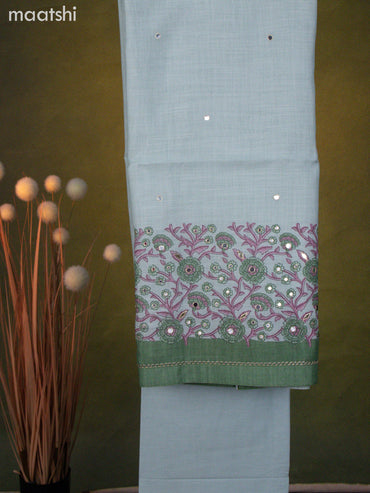 Linen cotton dress material teal shade and green with floral prints & mirror work and bottom & dupatta