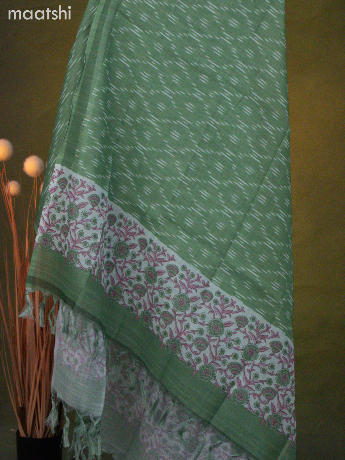 Linen cotton dress material teal shade and green with floral prints & mirror work and bottom & dupatta
