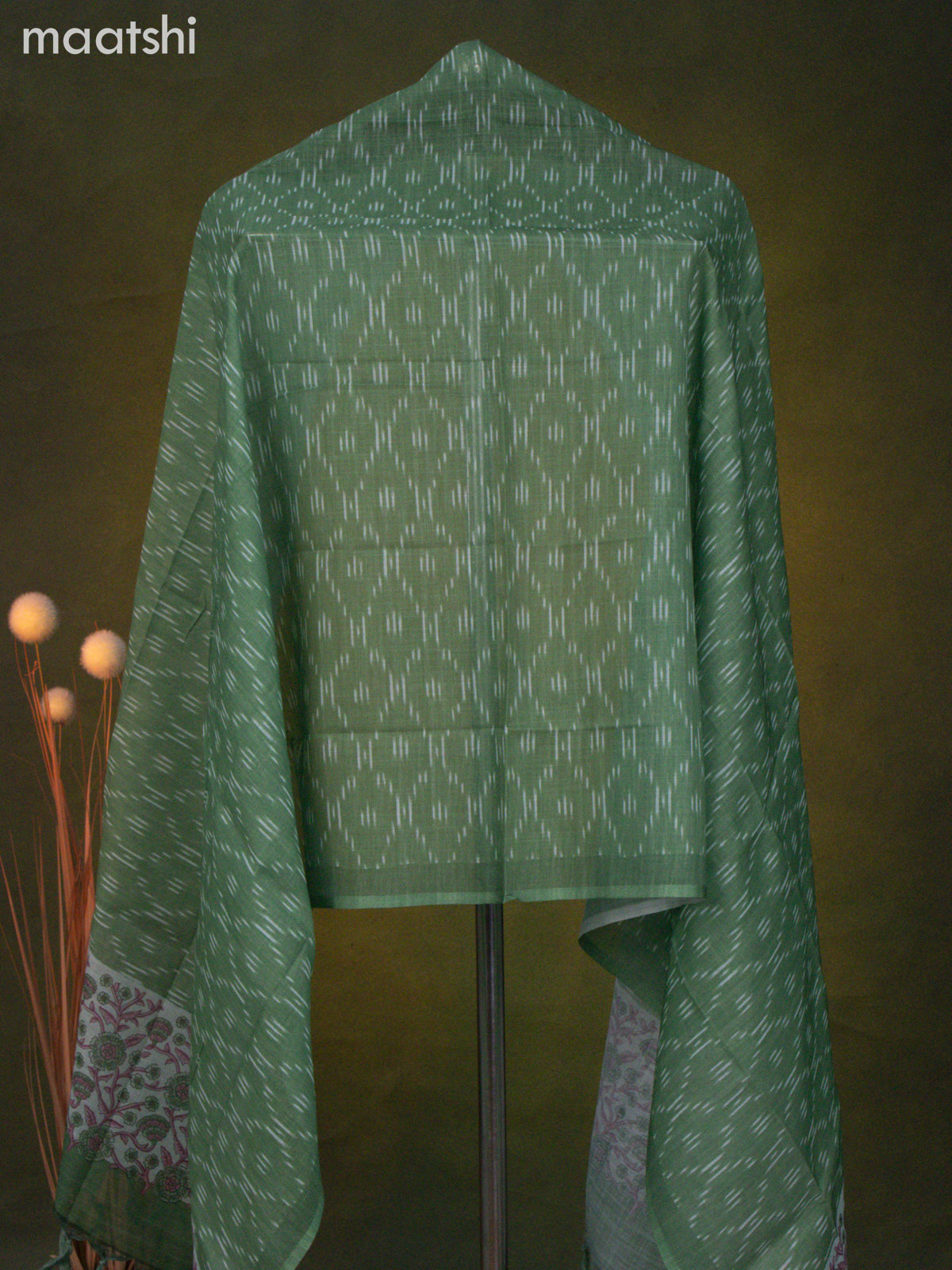 Linen cotton dress material teal shade and green with floral prints & mirror work and bottom & dupatta