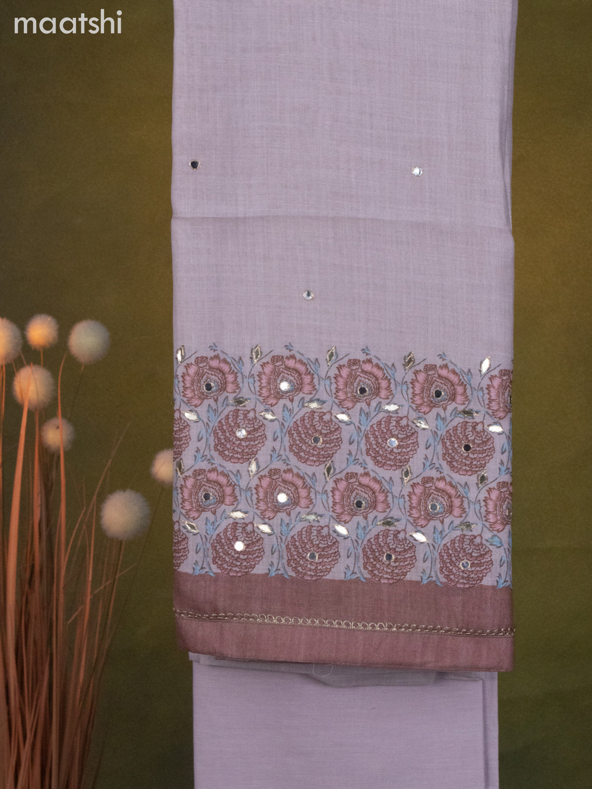 Linen cotton dress material pastel shade and brown with prints & mirror work and bottom & dupatta