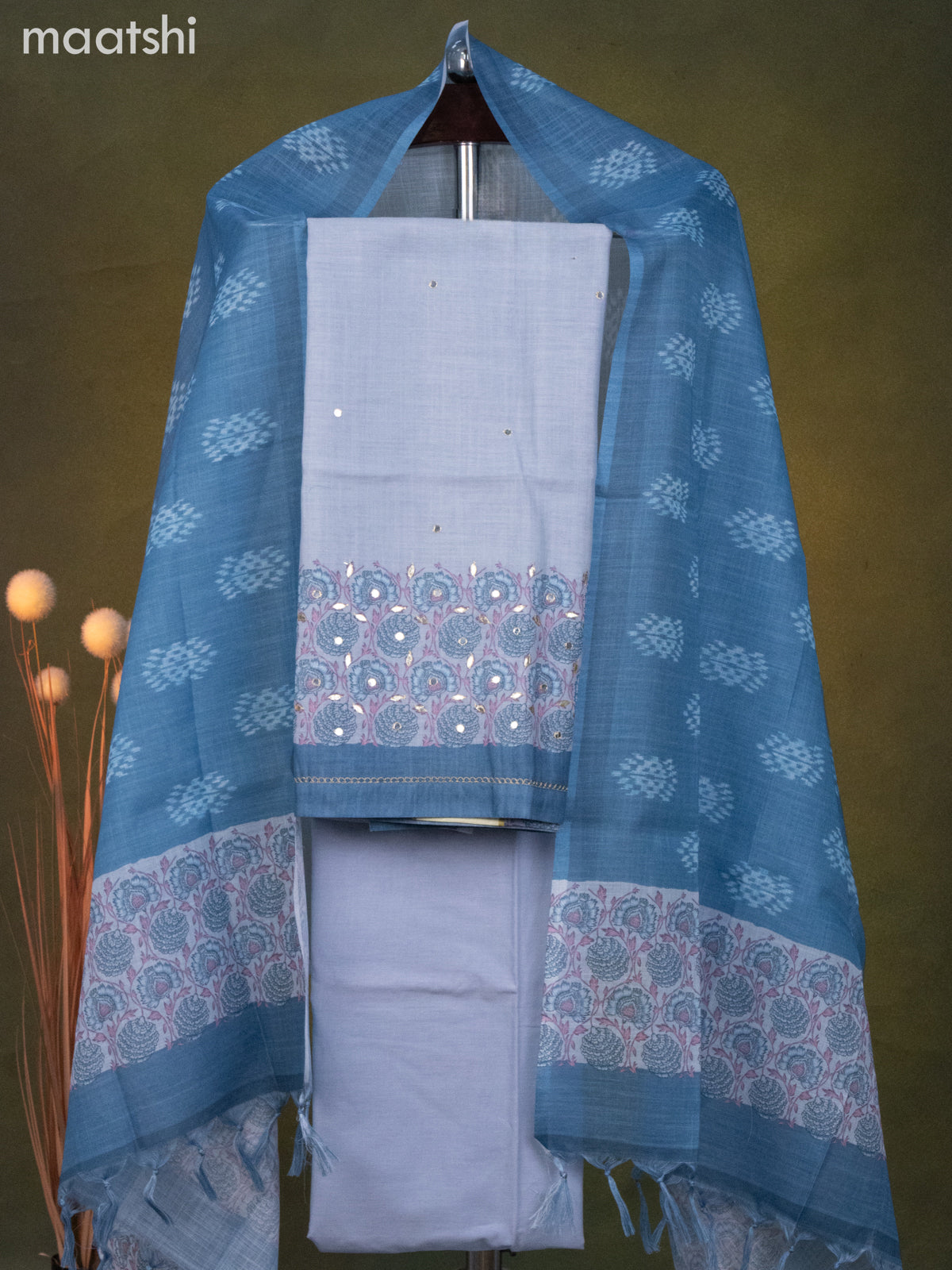 Linen cotton dress material grey shade and blue shade with prints & mirror work and bottom & dupatta