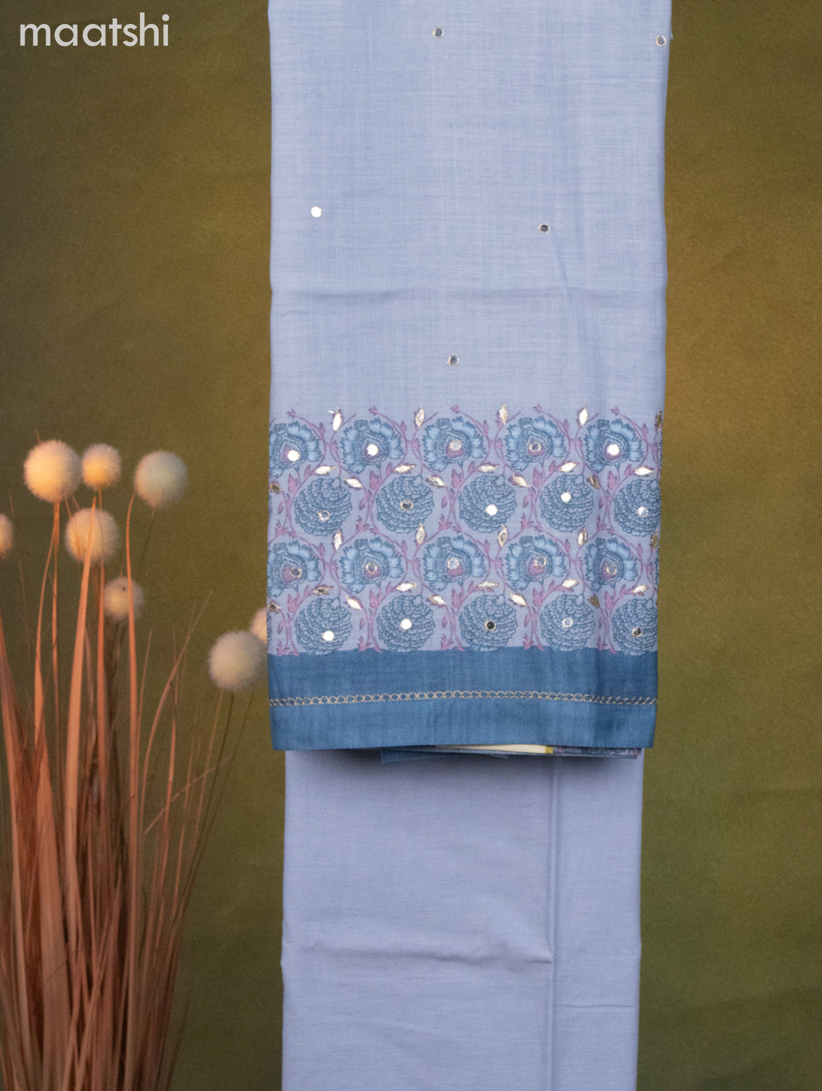 Linen cotton dress material grey shade and blue shade with prints & mirror work and bottom & dupatta
