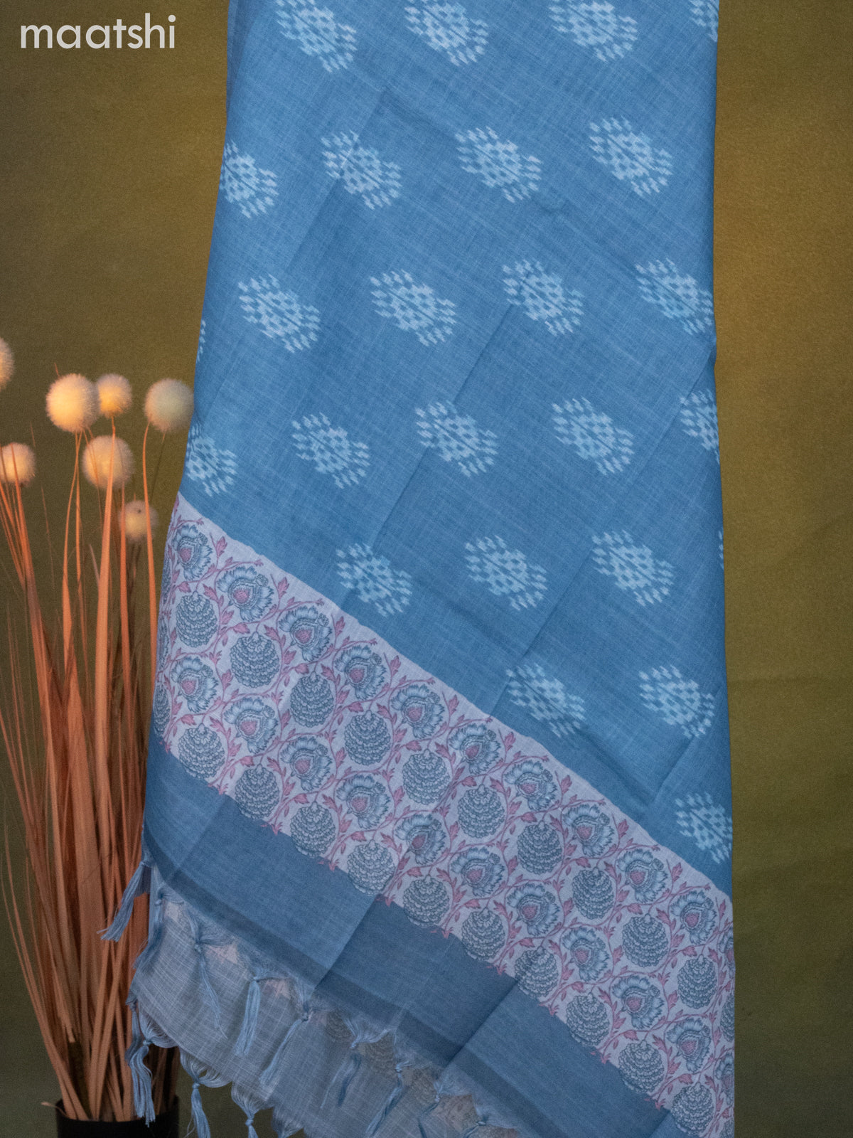 Linen cotton dress material grey shade and blue shade with prints & mirror work and bottom & dupatta