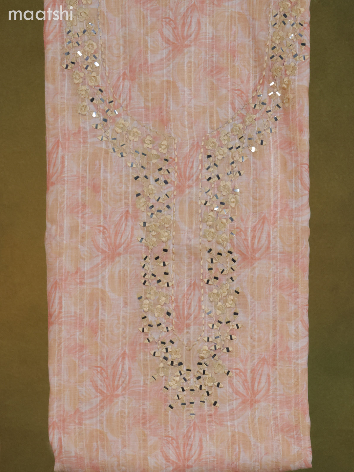 Linen cotton dress material cream and pale orange with allover floral prints & embroidery mirror work neck pattern and bottom & dupatta