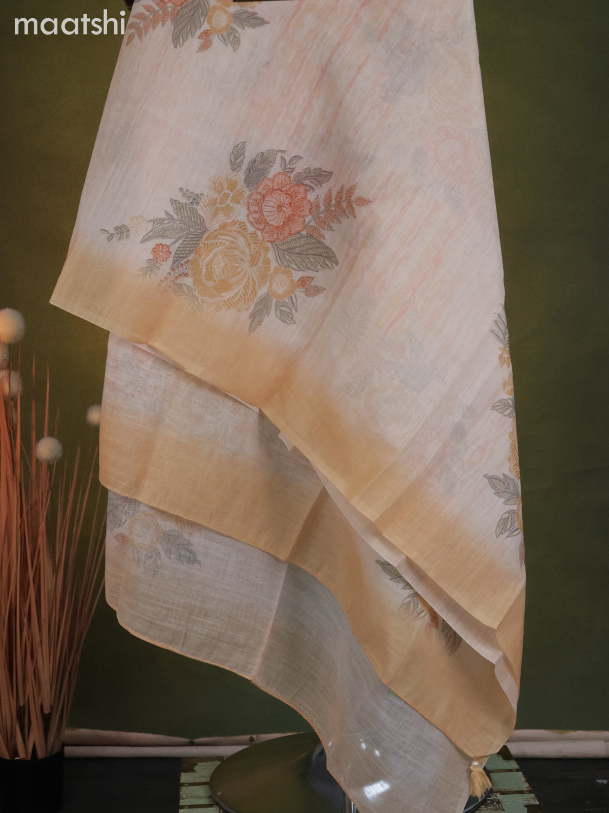 Linen cotton dress material cream and pale orange with allover floral prints & embroidery mirror work neck pattern and bottom & dupatta