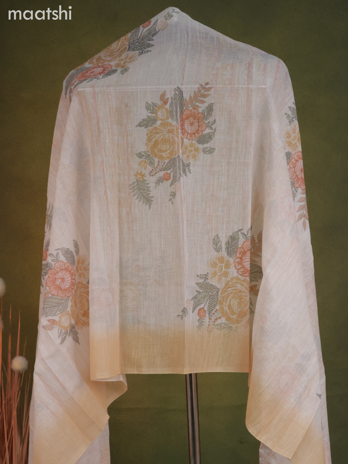 Linen cotton dress material cream and pale orange with allover floral prints & embroidery mirror work neck pattern and bottom & dupatta