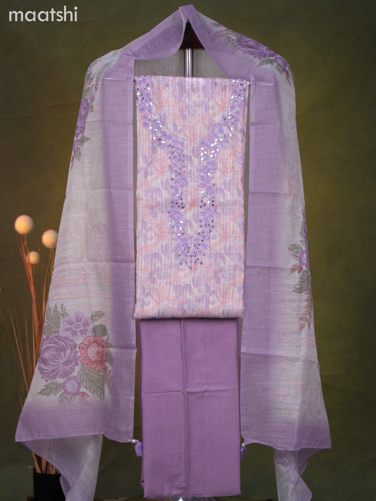 Linen cotton dress material cream and pastel lavender with allover floral prints & embroidery mirror work neck pattern and bottom & dupatta