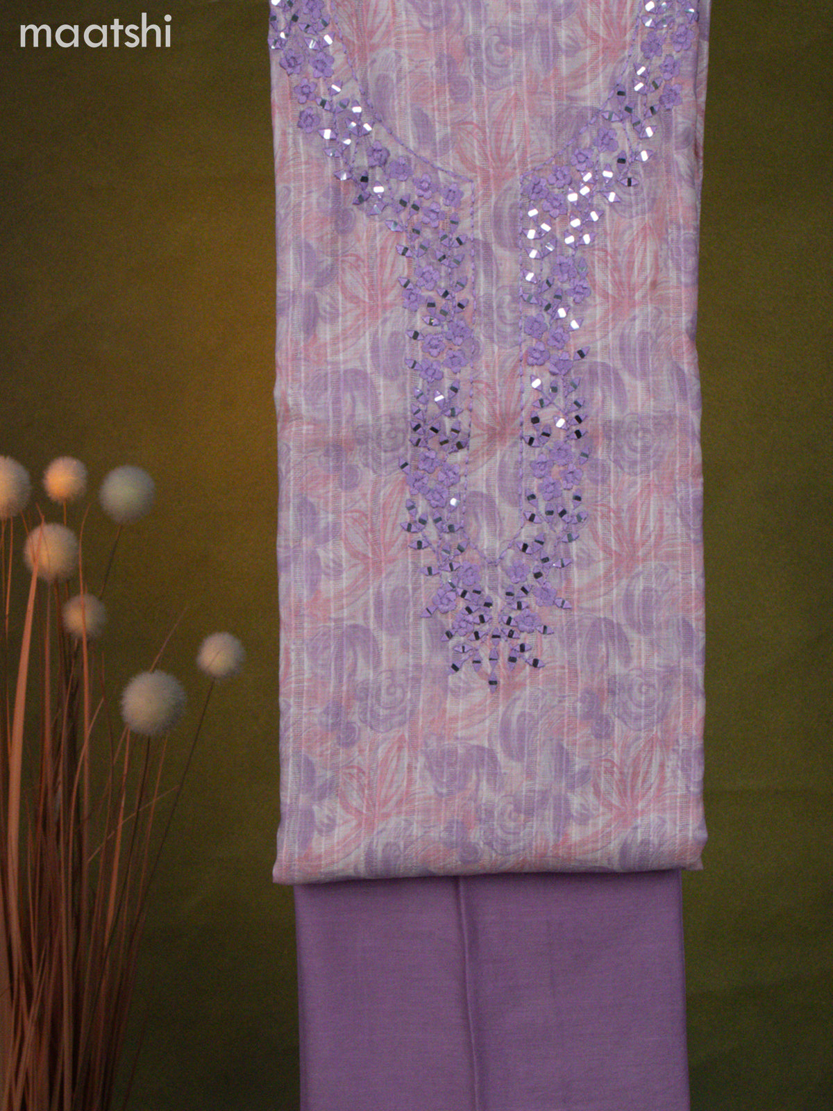 Linen cotton dress material cream and pastel lavender with allover floral prints & embroidery mirror work neck pattern and bottom & dupatta