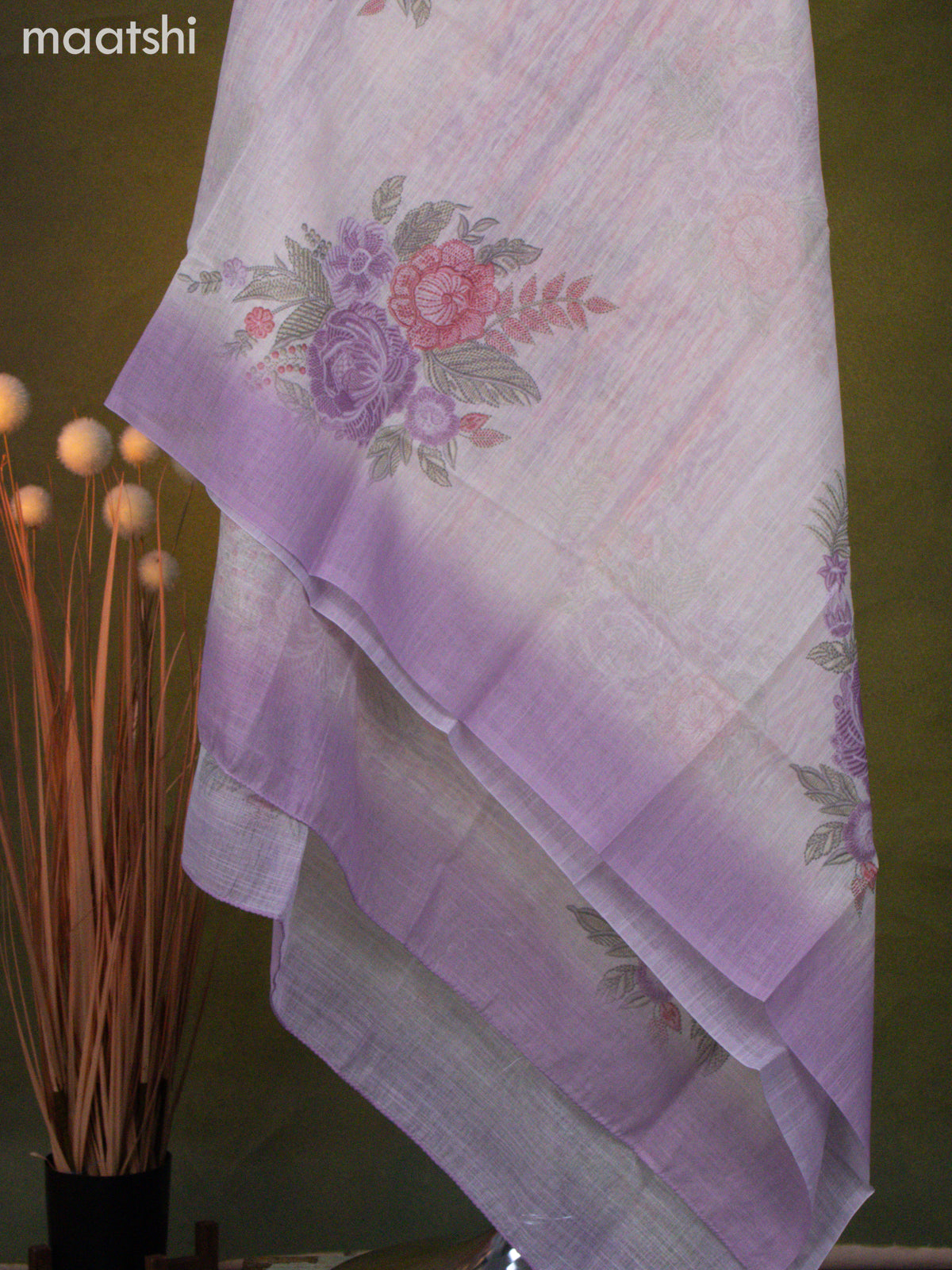 Linen cotton dress material cream and pastel lavender with allover floral prints & embroidery mirror work neck pattern and bottom & dupatta