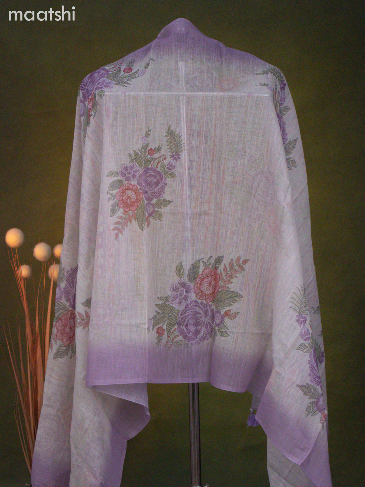 Linen cotton dress material cream and pastel lavender with allover floral prints & embroidery mirror work neck pattern and bottom & dupatta