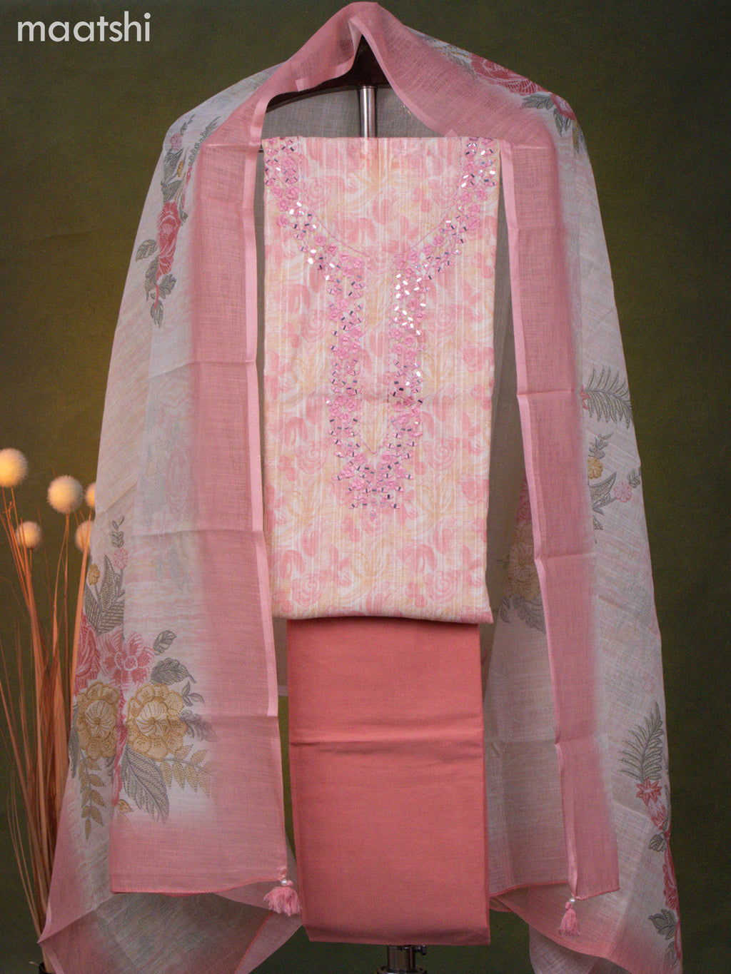 Linen cotton dress material cream and peach pink with allover floral prints & embroidery mirror work neck pattern and bottom & dupatta