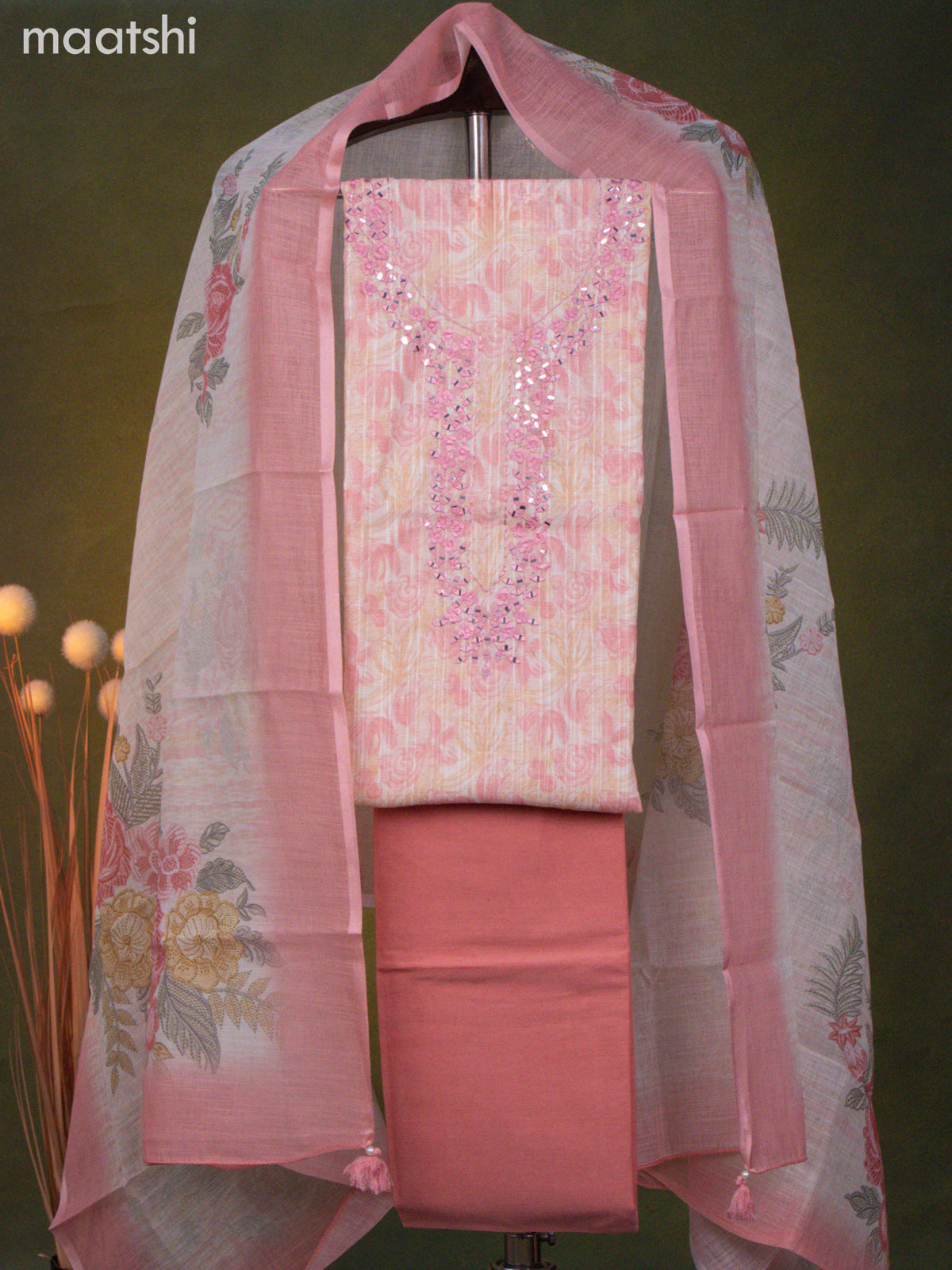 Linen cotton dress material cream and peach pink with allover floral prints & embroidery mirror work neck pattern and bottom & dupatta