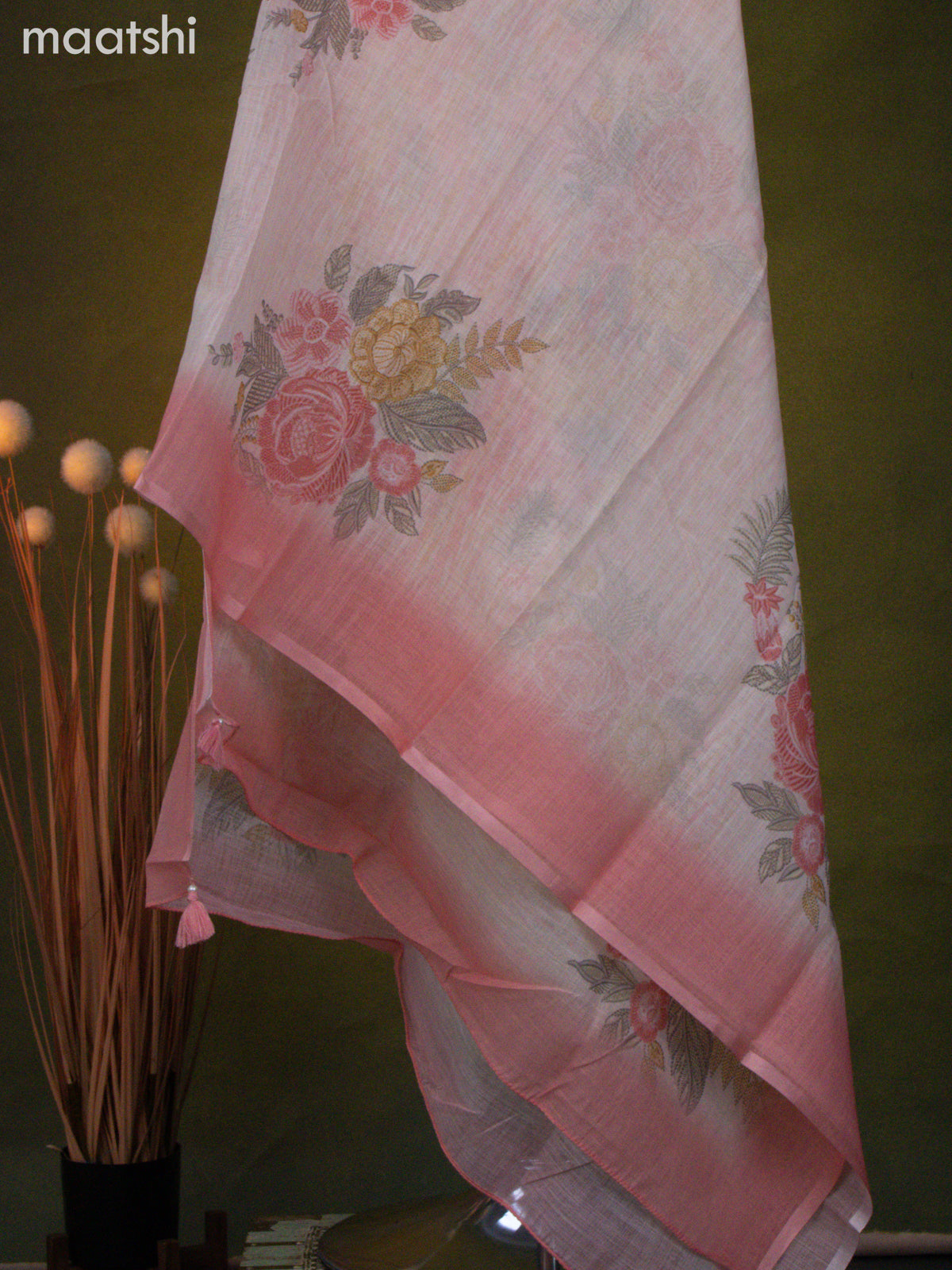 Linen cotton dress material cream and peach pink with allover floral prints & embroidery mirror work neck pattern and bottom & dupatta