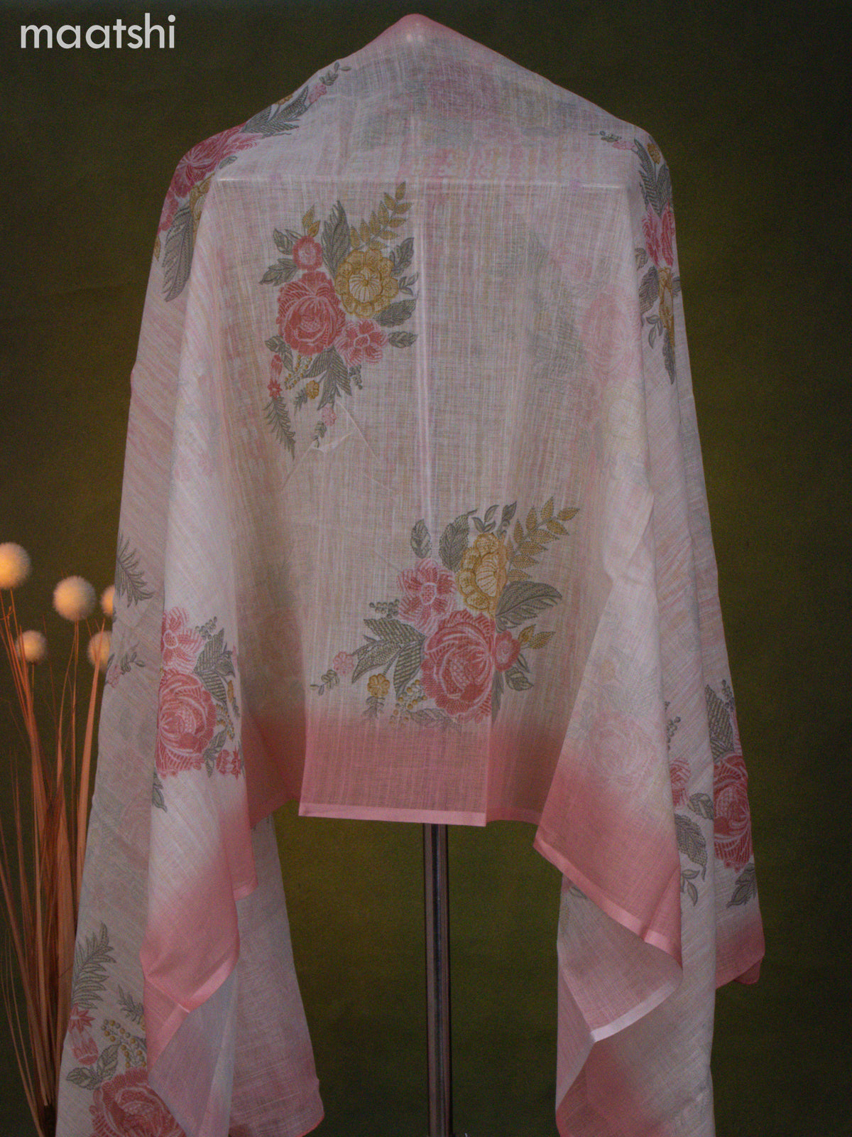Linen cotton dress material cream and peach pink with allover floral prints & embroidery mirror work neck pattern and bottom & dupatta