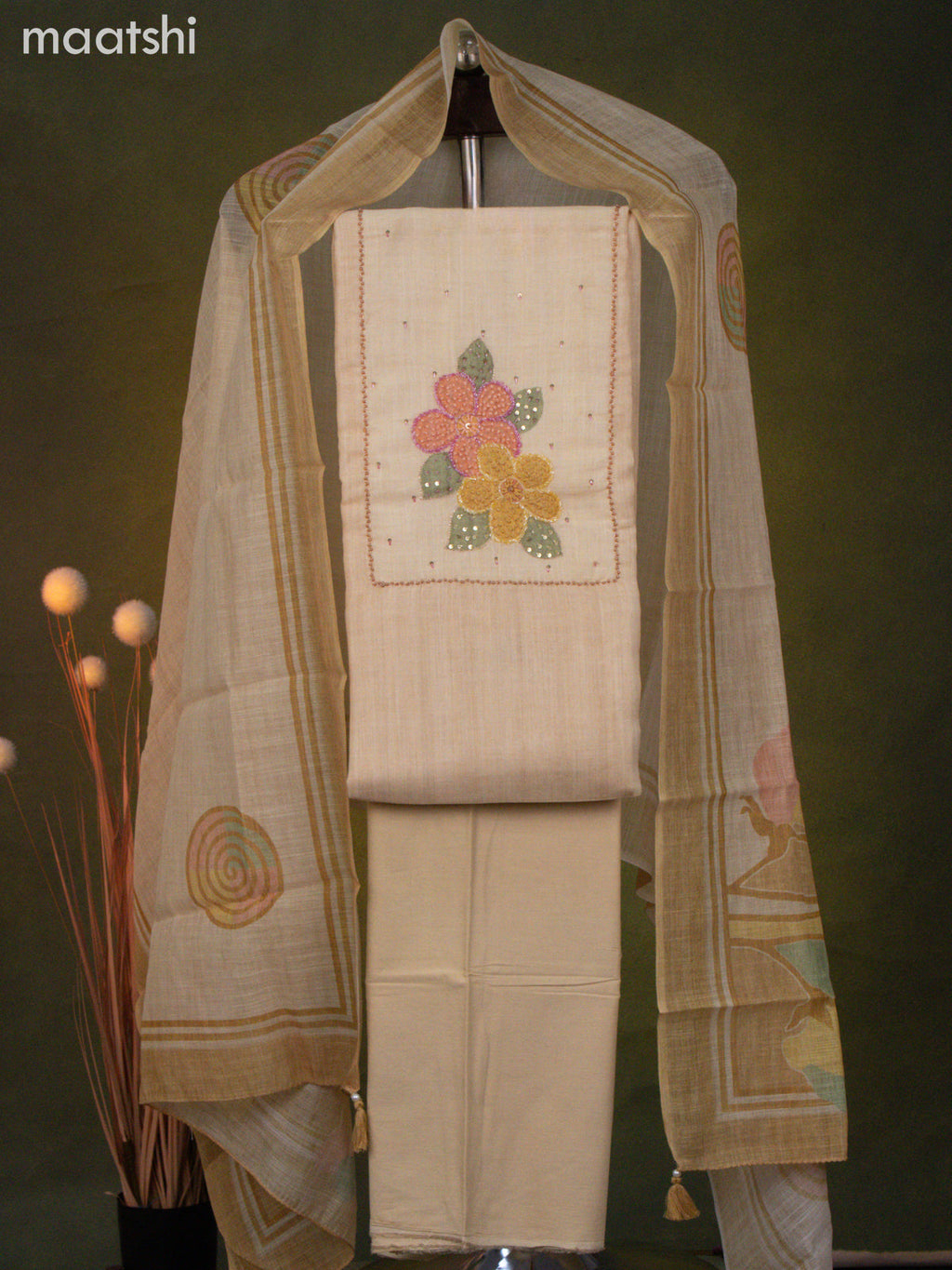 Linen cotton dress material pale yellow with french knot & beaded work neck patern and bottom & dupatta