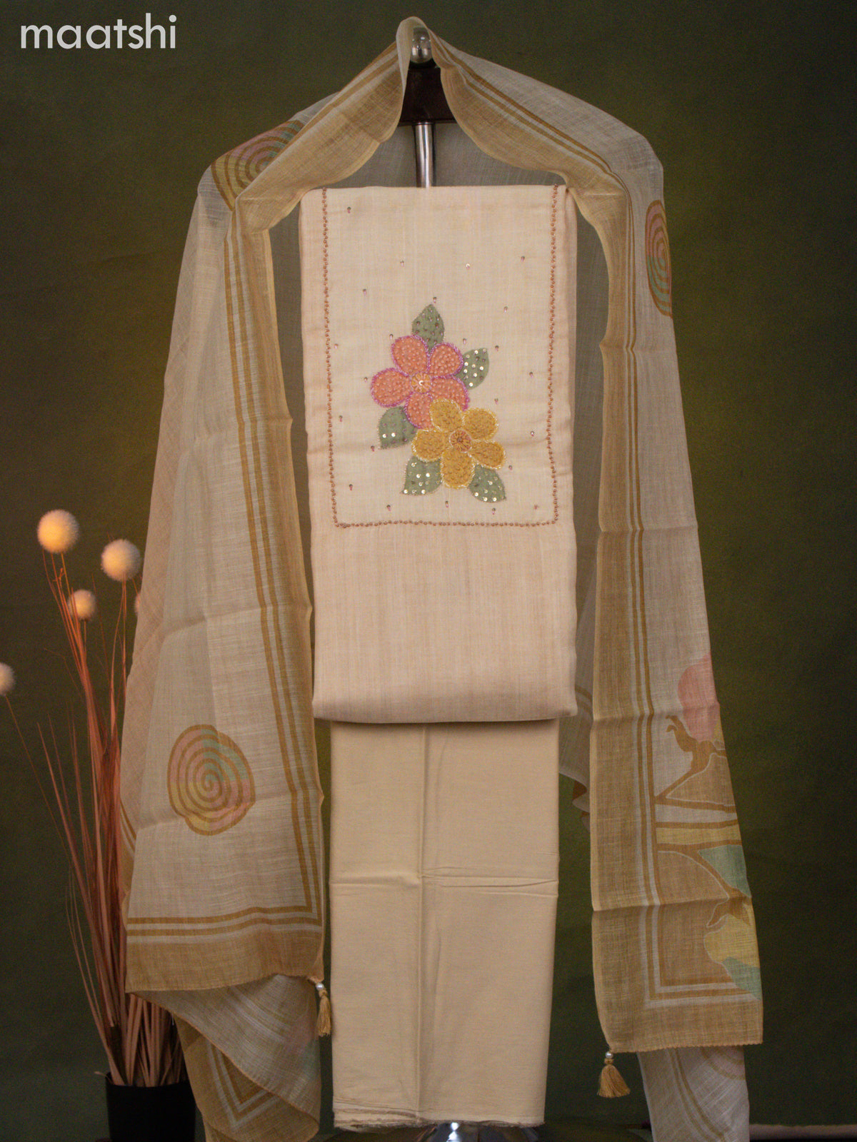 Linen cotton dress material pale yellow with french knot & beaded work neck patern and bottom & dupatta