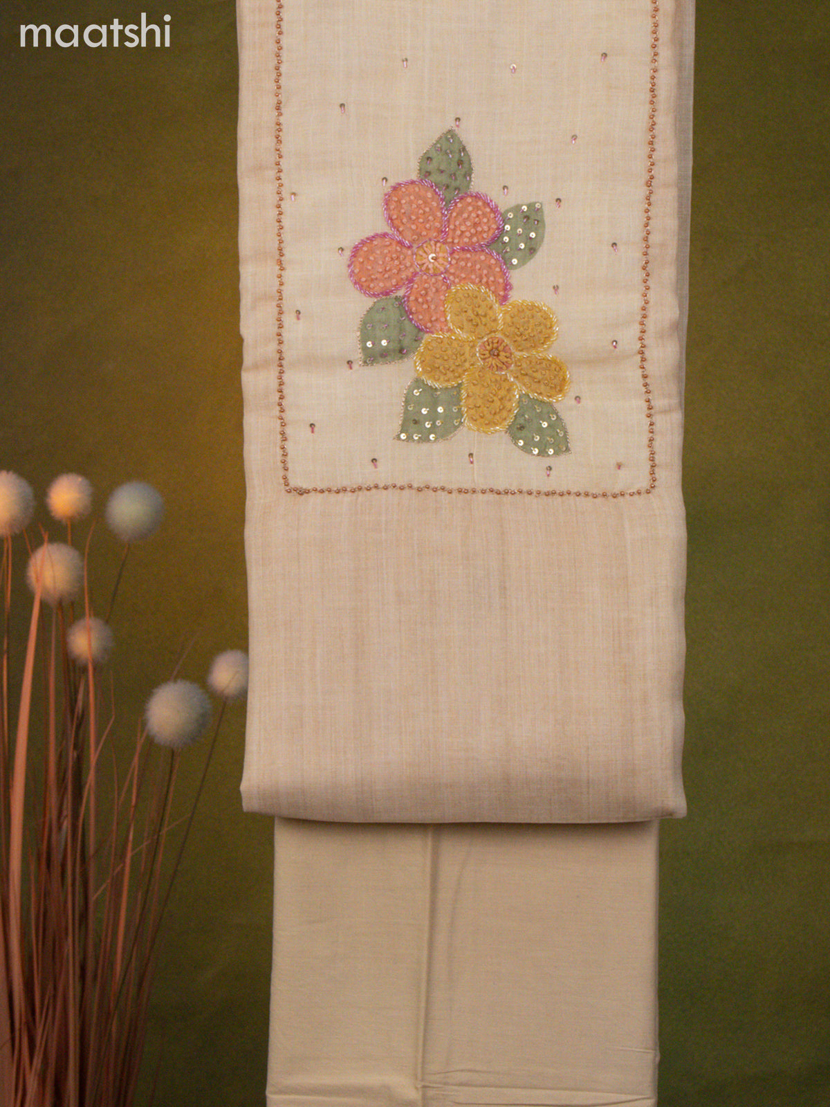 Linen cotton dress material pale yellow with french knot & beaded work neck patern and bottom & dupatta