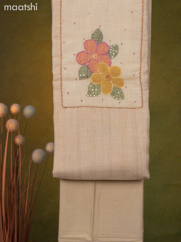 Linen cotton dress material pale yellow with french knot & beaded work neck patern and bottom & dupatta